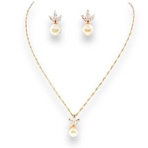 Pearl with CZ Jewelry Set over Rose Gold Tone Necklace & Earrings